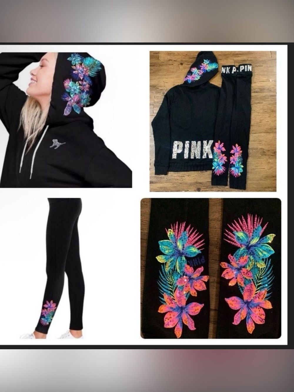 PINK VS TROPICAL HIBISCUS BLING HOODIE AND YOGA BLING LEGGINGS OUTFIT S
